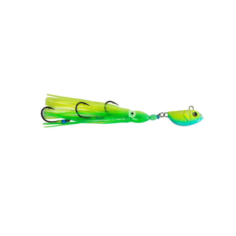 Green and yellow fishing lure on a white background