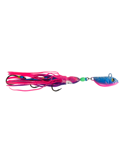 Fishing lure with pink and blue colors on a white background