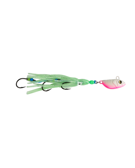 Fishing lure with a squid body and pink head on a white background